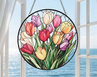 Atrapasueños de cristal con tulipanes de colores, atrapasol de cristal con nombre personalizado, adorno de flores de cristal, atrapasol con ramo de tulipanes, regalo para ella