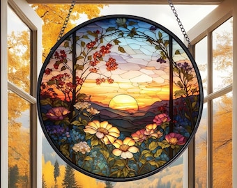 Un mar de flores al atardecer, atrapasol de cristal, atrapasol de cristal con nombre personalizado, adorno de cristal al atardecer, atrapasol prismático, regalo para ella.
