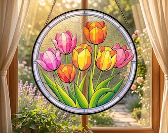 Atrapasueños de cristal con tulipanes en flor, atrapasueños de cristal con nombre personalizado, adorno de cristal con tulipanes rosas, atrapasueños prismático, regalo para mamá