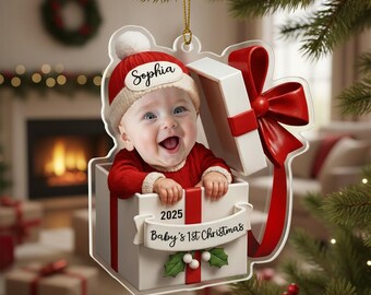 Adorno navideño personalizado con nombre de bebé en caja de regalo, adorno con foto personalizada, adorno acrílico para la primera Navidad del bebé, regalo para niños.