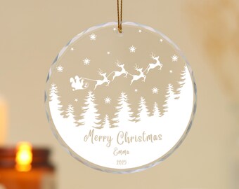 Adorno de Nochebuena con nombre personalizado, regalo de Navidad, adorno de cristal, decoración para árbol de Navidad, Papá Noel viene a buscarnos, Navidad 2025