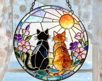 Atrapasol de cristal con diseño de gatos y puesta de sol, atrapasol de cristal con forma de gato, adornos de cristal de colores, atrapasol de prisma Sunste, regalo de animales para ella