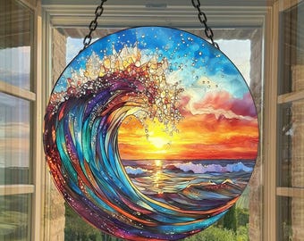 Atrapasol de cristal con olas al atardecer, atrapasol de cristal con forma de puesta de sol, adornos de vidrio coloridos, atrapasol con forma de prisma oceánico, regalo colgante para la playa