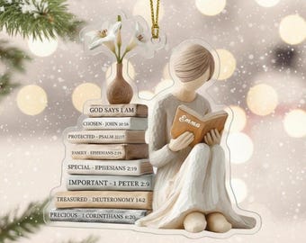 Adorno personalizado con nombre: «Solo una chica que ama los libros», adorno de libro con versículo bíblico, «Dios dice: Yo soy», adorno acrílico, regalo para amantes de los libros.