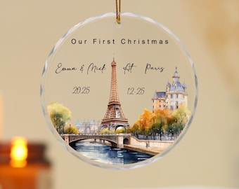Adorno navideño personalizado con nombre de pareja, primera Navidad para pareja, decoración de la Torre Eiffel, recuerdo de Navidad 2025, regalo para pareja