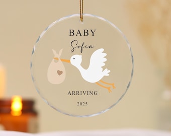 Adorno personalizado de cigüeña para anunciar el embarazo, regalo navideño para revelar el embarazo, adorno de cristal, cigüeña anuncia la llegada del bebé, regalo para la familia