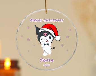 Adorno navideño personalizado con el nombre Kuromi, regalo personalizado de Sanrio, adorno de cristal, decoración para el árbol de Navidad, recuerdo navideño de 2025, regalo para niños