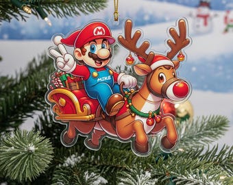Adorno personalizado de Mario con nombre, adorno navideño personalizado, adorno navideño de Mario, regalo divertido para niños, adorno acrílico, regalo para él