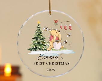 Adorno navideño personalizado para el primer bebé, regalo de Navidad para recién nacidos, adorno de cristal, decoración para el árbol de Navidad, Winnie the Pooh clásico, regalo para niños
