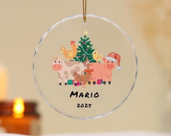 Adorno navideño personalizado con nombre y diseño de granja, adorable animalito, adorno de cristal, vaca, cerdo y gallina, decoración para el árbol de Navidad, regalo para niños