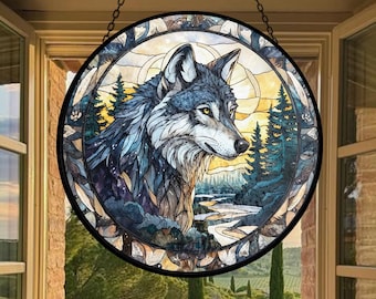 Atrapasueños de cristal con forma de rey lobo, atrapasueños de cristal con forma de animal, adorno de cristal con forma de rey lobo gris, atrapasueños con prisma de bosque, regalo colgante para papá