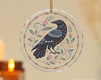 Adorno personalizado con nombre del Cuervo de Odín, Cuervo negro de estilo nórdico, regalo de Navidad, adorno de cristal, Navidad escandinava, regalo para ella