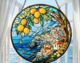 Atrapasol de cristal con forma de pueblo costero, atrapasol de cristal con forma de limón, adorno de cristal colorido, atrapasol de prisma de pueblos junto al mar, regalos colgantes de arcoíris