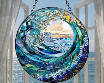 Atrapasol de cristal de colores con forma de ola, atrapasol de cristal marino, adornos de vidrio coloridos, atrapasol de prisma de olas oceánicas, regalo para colgar en la playa.