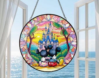 Atrapasueños de cristal de Mickey y Minnie, atrapasueños de cristal con nombre personalizado, adorno de castillo de cristal, atrapasueños de prisma de puesta de sol, regalos para ella