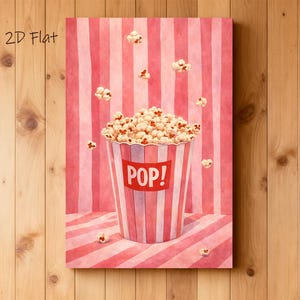 Peut inclure: Une peinture à l'aquarelle d'un seau de pop-corn rempli de pop-corn, avec le mot "POP!" sur le devant. Le seau est à rayures rouges et blanches, et le fond est un motif à rayures roses et blanches. Les mots "2D Flat" sont dans le coin supérieur gauche.