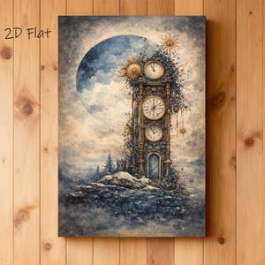 May include: A canvas print featuring a whimsical clock tower design. The artwork showcases a detailed clock tower with three clock faces, adorned with celestial elements like suns and a large moon in the background. The text "2D Flat" is in the upper left corner.