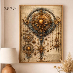 Könnte beinhalten: Gerahmter Druck mit einem detaillierten, goldenen Kompass-Design mit himmlischen Elementen. Das Kunstwerk hat eine Vintage-Ästhetik mit einem pergamentartigen Hintergrund und komplizierten Details. Der Text "2D Flat" befindet sich in der oberen linken Ecke.