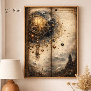 May include: A framed print with a vintage aesthetic. The artwork features a celestial design with a large golden astronomical instrument, hanging orbs, and a figure overlooking a landscape. The text "2D Flat" is in the upper left corner.