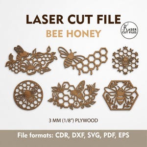 Könnte beinhalten: Ein digitales Laserschnitt-Dateiset mit dem Titel LASER CUT FILE BEE HONEY, das sechs braune holzartige Designs von Bienen und Waben zeigt. Der Text gibt 3 mm Sperrholz und die Dateiformate CDR, DXF, SVG, PDF, EPS für Projekte an.