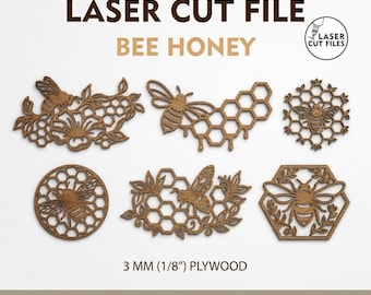 Bee Honey Laser Cut File Bundle, Bee Honeycomb SVG, Laser Cut Bee Designs, Glowforge Files, CNC Bee Wall Art, Digital Download