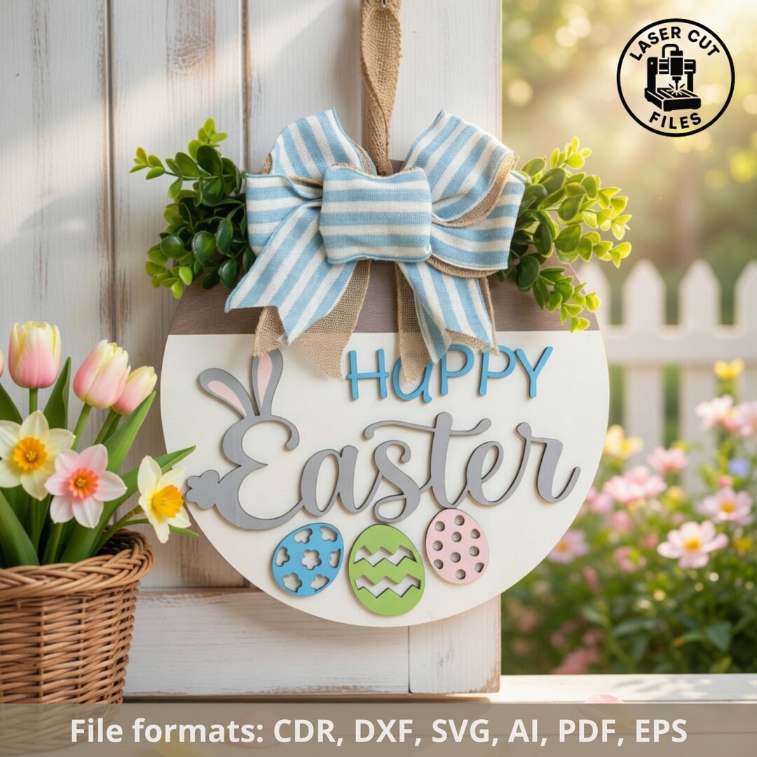 Laser Cut Happy Easter Door Hanger SVG | Bunny Round Sign File (digital ...