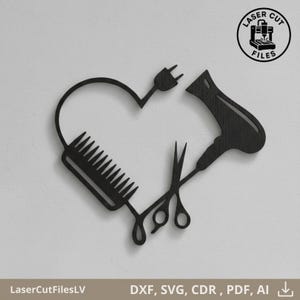 May include: Black laser-cut wall art in the shape of a heart, featuring a comb, scissors, a hairdryer, and a plug. The design includes the text "Laser Cut Files" and "DXF, SVG, CDR, PDF, AI".
