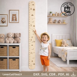 Tabla de crecimiento de madera cortada a láser, rastreador de altura infantil SVG DXF AI (descarga digital)