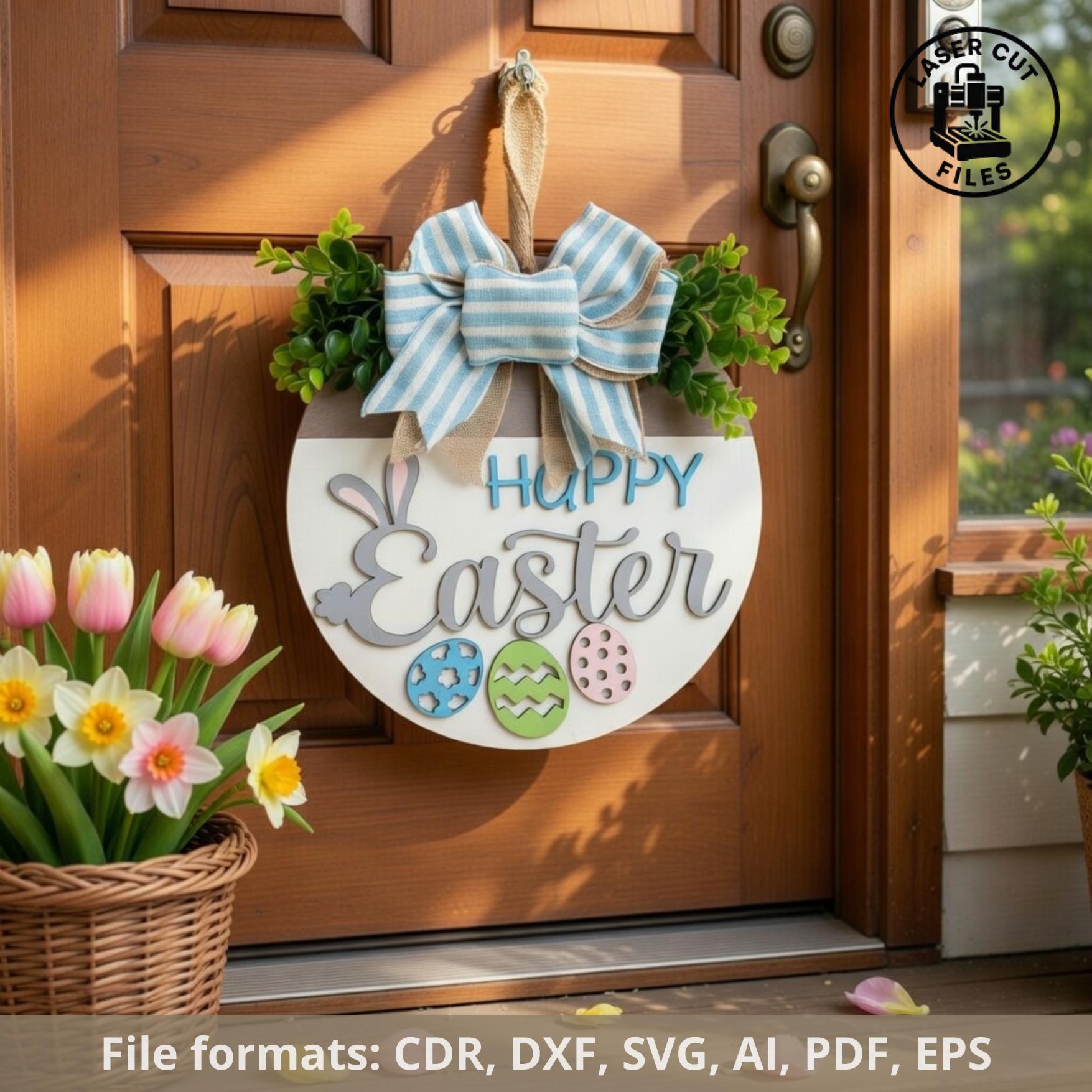 Laser Cut Happy Easter Door Hanger SVG | Bunny Round Sign File (digital ...