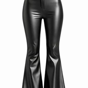 May include: Black faux leather flared pants with a high waist and button closure. The pants have a sleek, shiny finish and a wide leg opening, creating a retro silhouette. A classic, versatile garment.