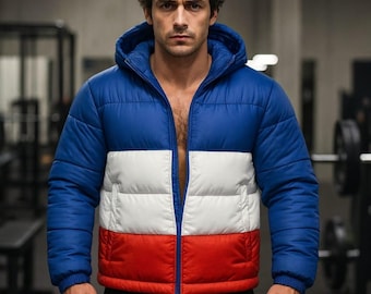Men’s Colorblock Hooded Puffer Jacket – Blue, White, and Red