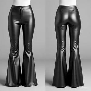 May include: Black faux leather flared pants. The pants have a high waist with a button closure and a flared leg design. The image shows both the front and back of the pants, highlighting the sleek, shiny material and the tailored fit.