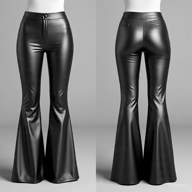 May include: Black faux leather flared pants. The pants have a high waist with a button closure and a flared leg design. The image shows both the front and back of the pants, highlighting the sleek, shiny material and the tailored fit.