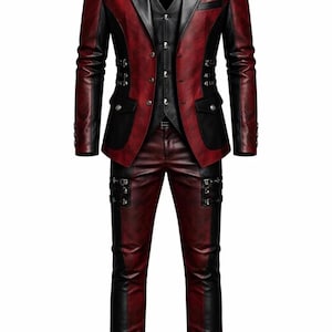 Può includere: Un completo a tre pezzi in un'accattivante combinazione di colori rosso e nero. La giacca e i pantaloni presentano un design bicolore, con pannelli rossi e dettagli neri. La giacca ha un revers a lancia e fibbie decorative. Il gilet è nero. Il completo è in ecopelle.