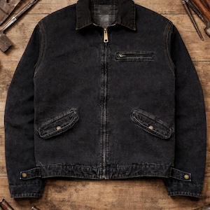 以下が含まれることがあります： ジッパー付きの黒いデニムジャケット、小さな胸ポケット、2つの下のポケット。 ジャケットは濃い色の襟と袖口があり、木製の表面に表示されています。 クラシックなワークウェアスタイルです。