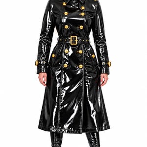 Black Wet Look PVC Trench Coat, Glossy Vinyl Long Jacket, Gold Buttons, Belt