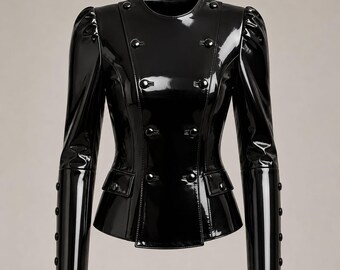Black Wet Look PVC Vinyl Jacket – Double Breasted Military Puff Sleeve Coat
