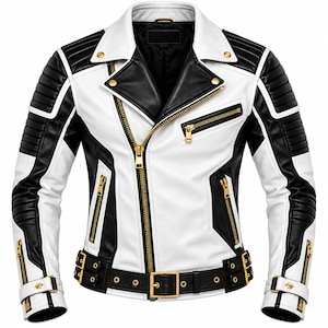Men’s Real Leather Motorcycle Jacket Black White Biker Jacket Gold Zipper Moto Coat