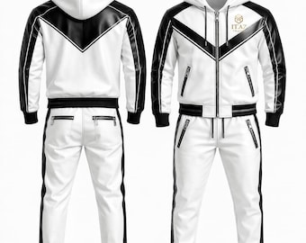 Conjunto de treino masculino em couro feito à mão | Calça jogger com capuz preta e branca