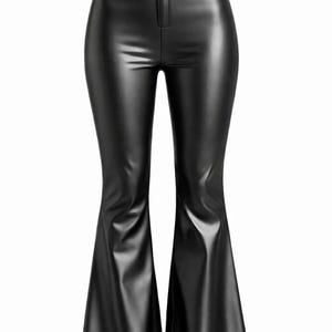May include: Black faux leather flared pants with a high waist and a belt. The pants have a fitted silhouette through the hips and thighs, and flare out from the knees. The belt has a silver buckle.