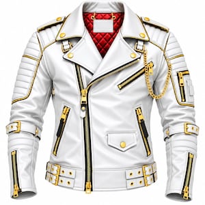 Può includere: Una giacca da moto bianca con finiture color oro, tra cui cerniere, fibbie e una catena decorativa. La giacca presenta una fodera interna trapuntata rossa, pannelli a coste sulle spalle, molteplici tasche con cerniera e cinturini regolabili.