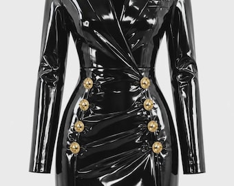 Glossy Wet Look PVC Blazer Dress | Gold Button Wrap Mini Party Clubwear