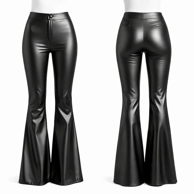 May include: Black faux leather flared pants. The pants have a high waist with a button and zipper closure. The pants flare out from the knee down. The image shows the front and back of the pants.