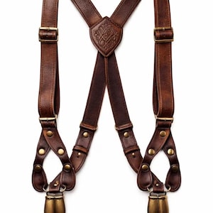 Tirantes de cuero hechos a mano con espalda en Y, tirantes con clip de latón marrón, ajustables, estilo vintage, para ocasiones formales.