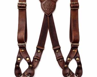 Tirantes de cuero hechos a mano con espalda en Y, tirantes con clip de latón marrón, ajustables, estilo vintage, para ocasiones formales.