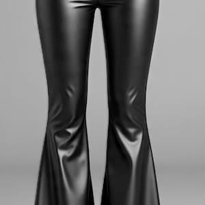 May include: Black faux leather flared pants. The pants have a high waist and a button closure. The legs flare out from the knee down. The material has a shiny appearance.