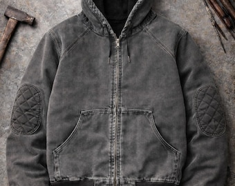 Chaqueta de trabajo vintage con capucha / Abrigo utilitario de lona de algodón desgastado
