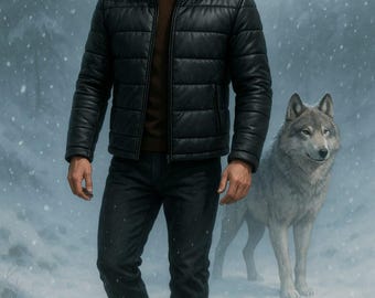 Men's Handmade Leather Puffer Jacket – Black Winter Coat with Fur Hood