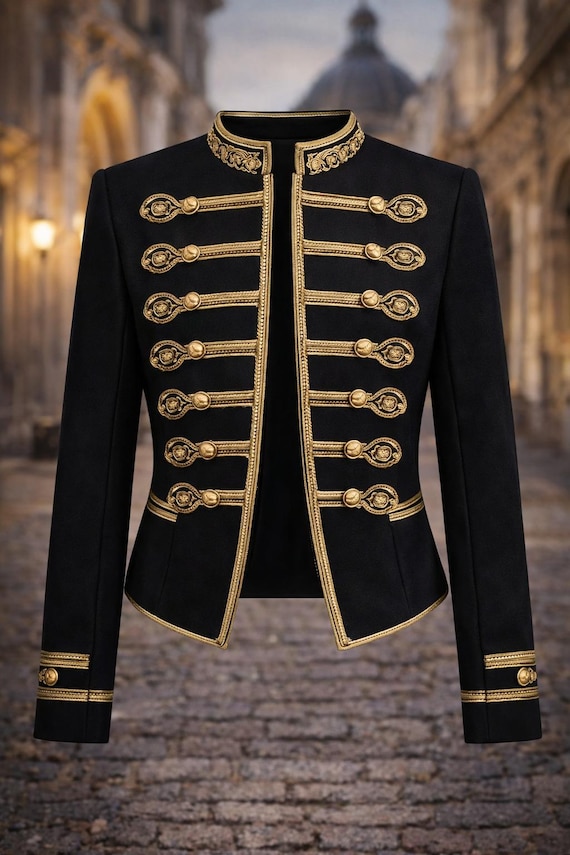 Handmade Black Military Jacket, Gold Braid Trim, Custom Parade