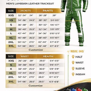 Pode incluir: Tabela de tamanhos dos EUA para fatos de treino de couro de cordeiro para homem. A tabela inclui medidas de casaco e cal&ccedil;as em polegadas e p&eacute;s/polegadas, de XXS a 3XL. &Eacute; apresentado um fato de treino verde com riscas brancas, e uma sele&ccedil;&atilde;o de cores.